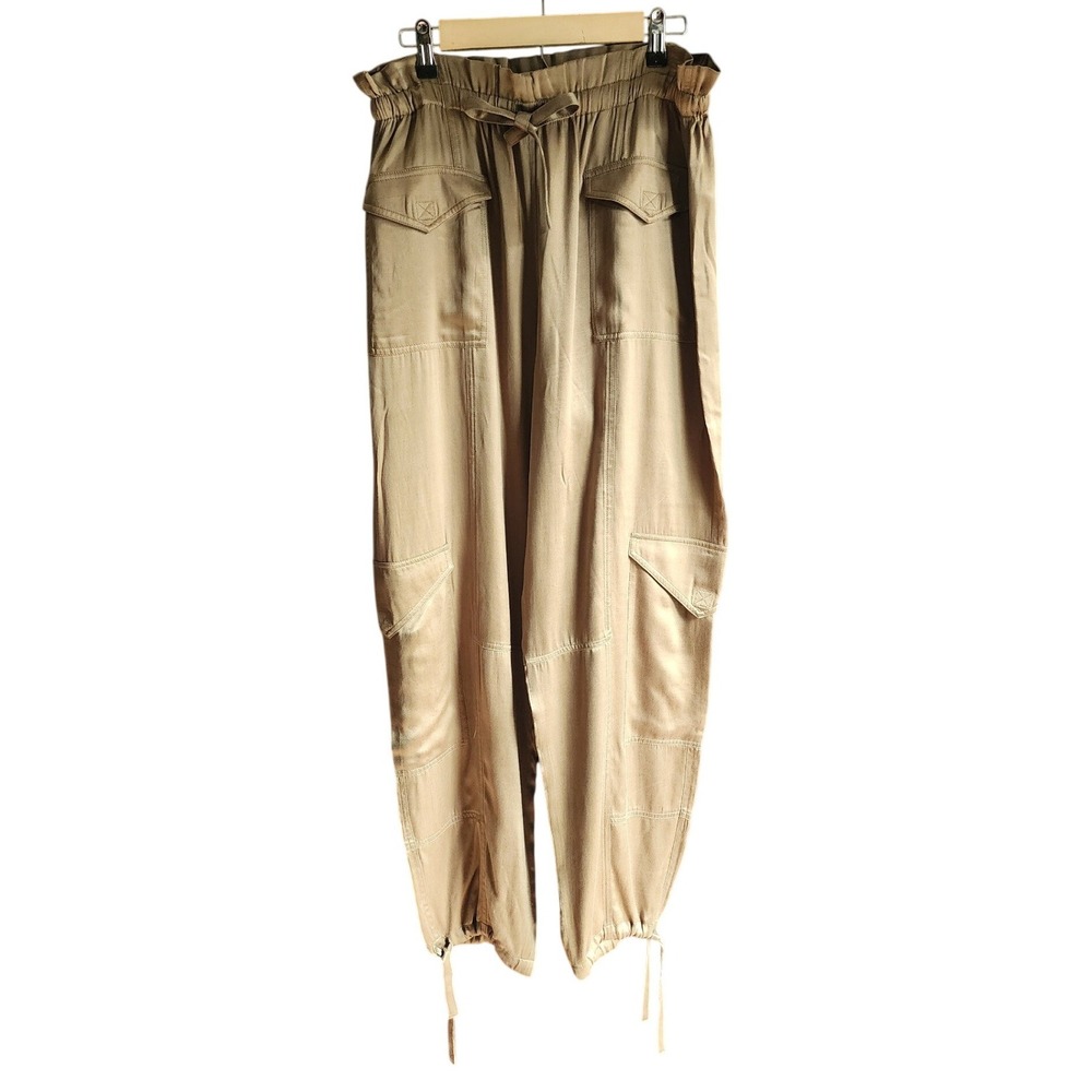 Ganni Cargo Pants Women 40 Green Elastic Waist Drawstring Satin Utility